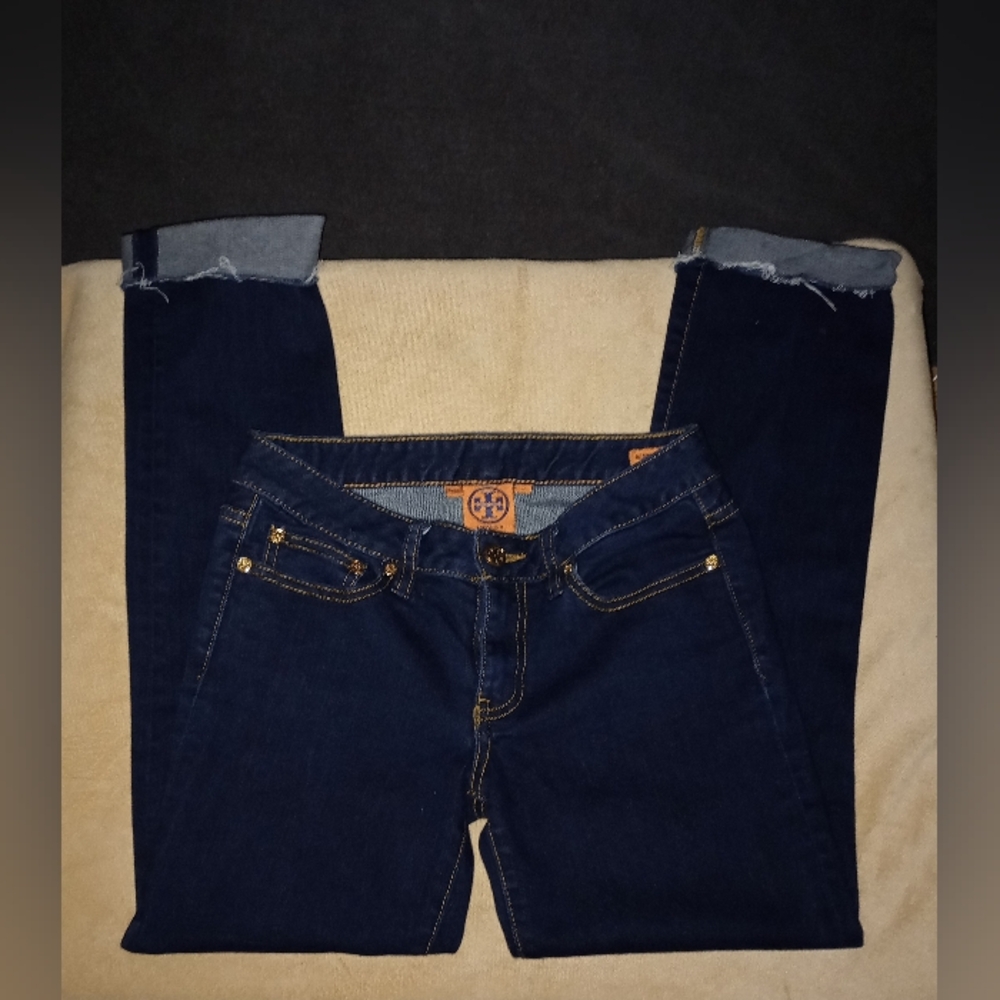 Tory Burch Women's Blue Denim Dark Wash Cuffed Straight Leg Jeans Size 25 - Picture 5 of 12